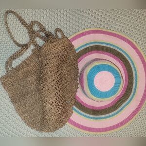 Floppy Hat & Brown Woven Tote Bag